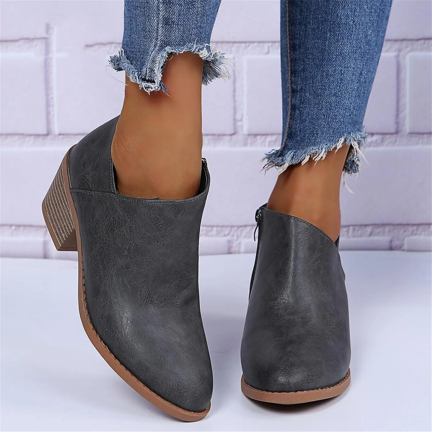 Lausiuoe Boots For Women Ankle Booties Sexy Low Heels Chunky Stacked Mid Heel Side Zipper Dressy Western Short Boots
