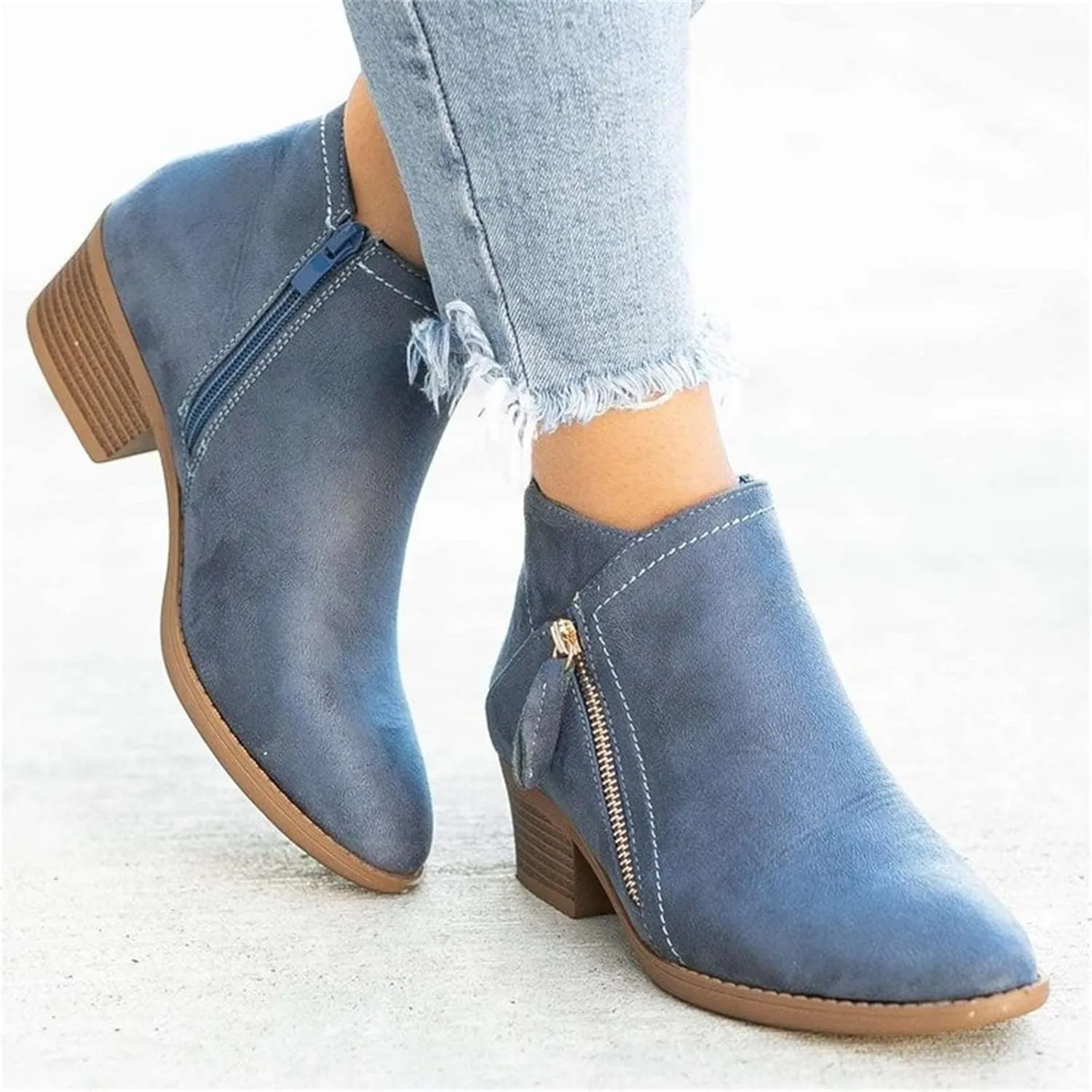 Lausiuoe Boots For Women Ankle Booties Sexy Low Heels Chunky Stacked Mid Heel Side Zipper Dressy Western Short Boots