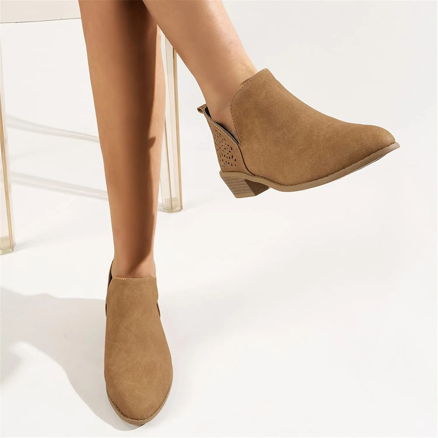 Lausiuoe Boots For Women Ankle Booties Sexy Low Heels V Cutout Chunky Block Casual Dressy Wide Width Slip on Ankle Boots