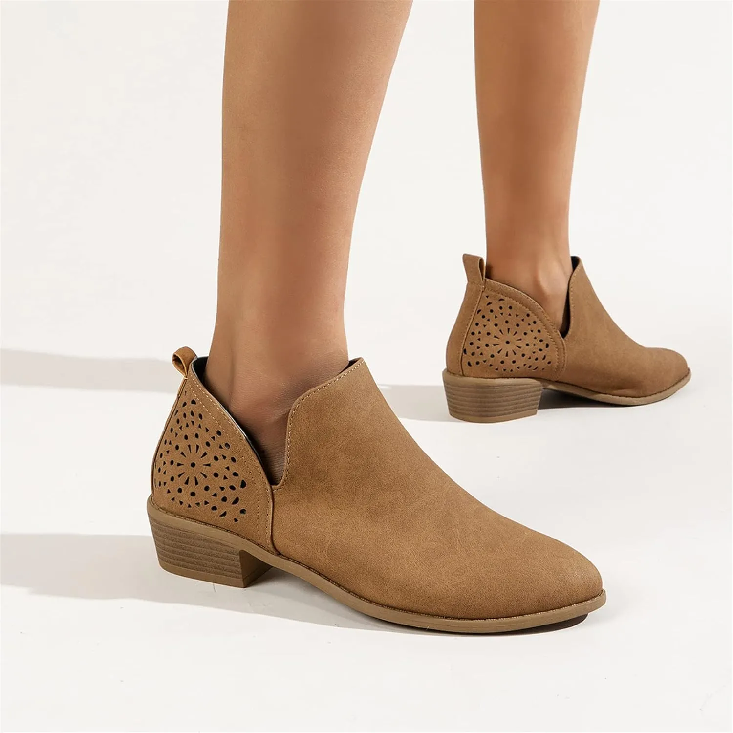Lausiuoe Boots For Women Ankle Booties Sexy Low Heels V Cutout Chunky Block Casual Dressy Wide Width Slip on Ankle Boots
