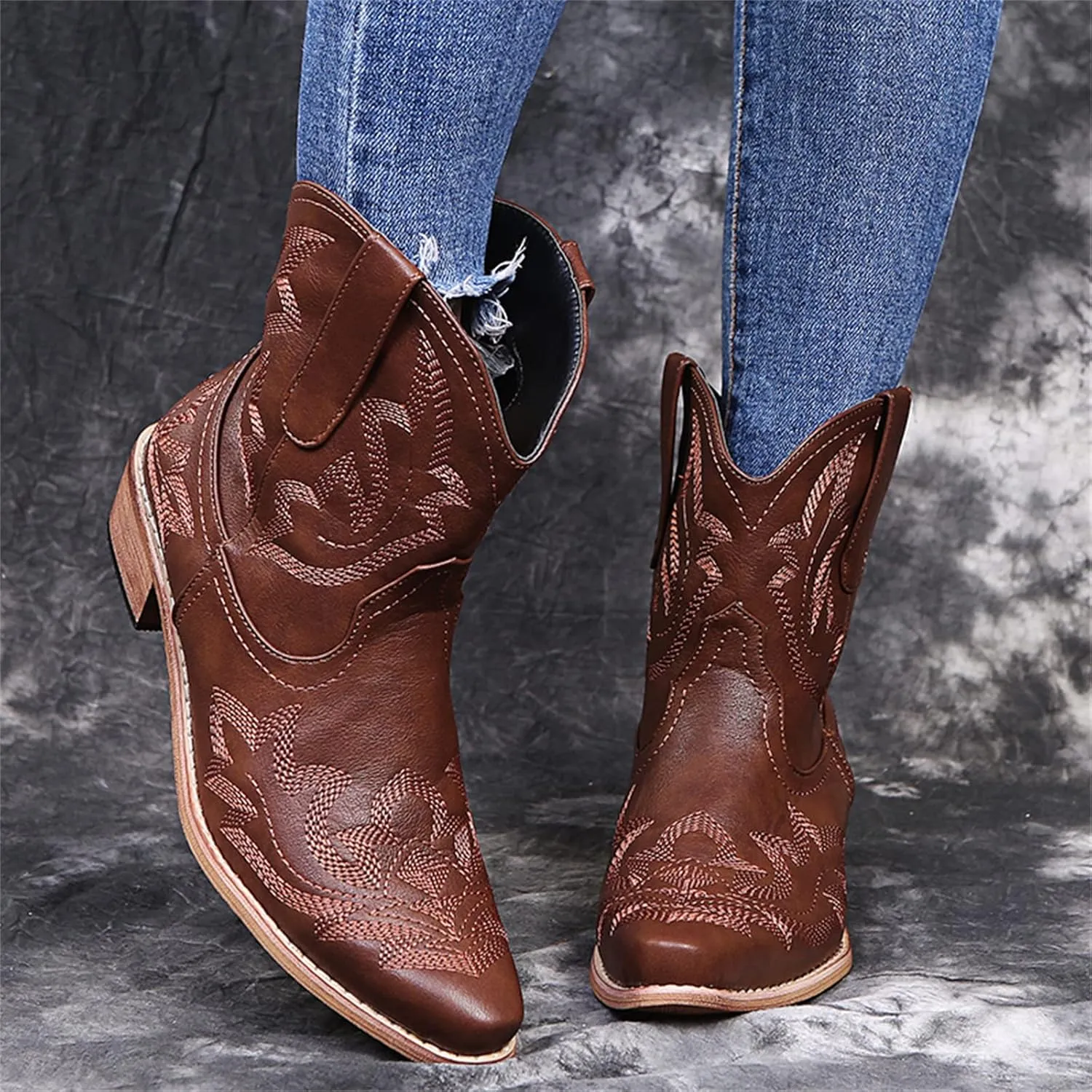 Lausiuoe Boots For Women Ankle Booties Wide Width Chunky Stacked Mid Heels Zipper Dressy Cowgirl Western Short Boots