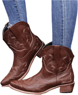 Lausiuoe Boots For Women Ankle Booties Wide Width Chunky Stacked Mid Heels Zipper Dressy Cowgirl Western Short Boots