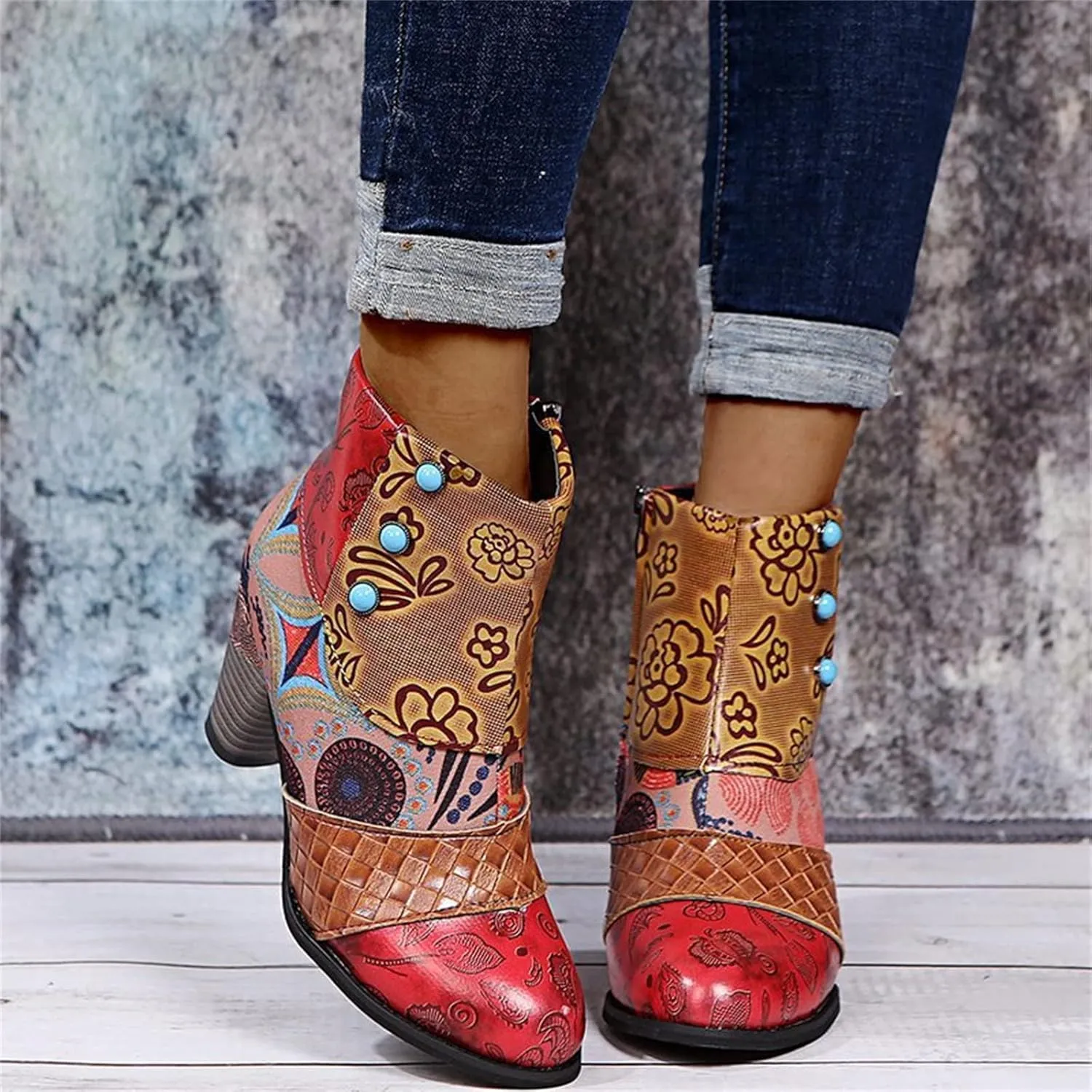 Lausiuoe Boots For Women Ankle Booties Winter Closed Toe Chunky Stacked Mid Heel Western Side Zipper Short Boots Shoes