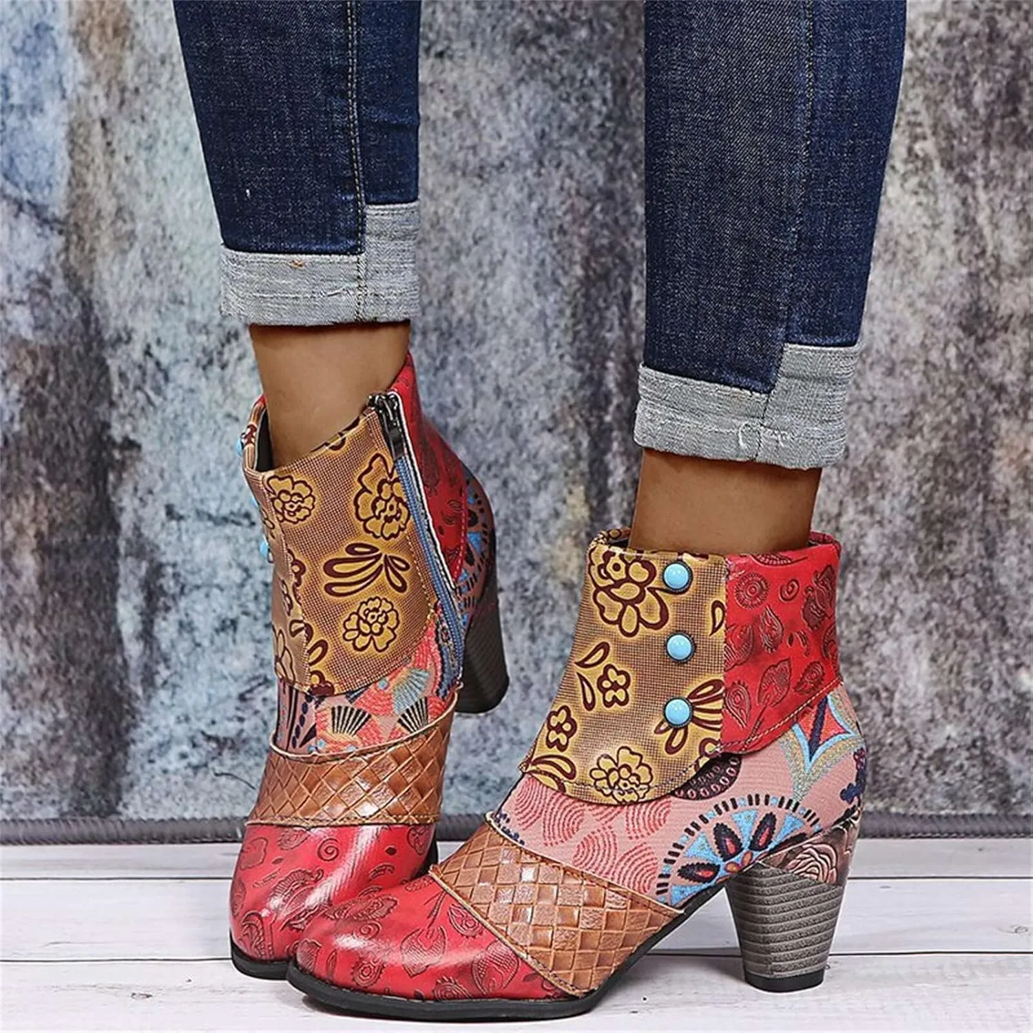 Lausiuoe Boots For Women Ankle Booties Winter Closed Toe Chunky Stacked Mid Heel Western Side Zipper Short Boots Shoes