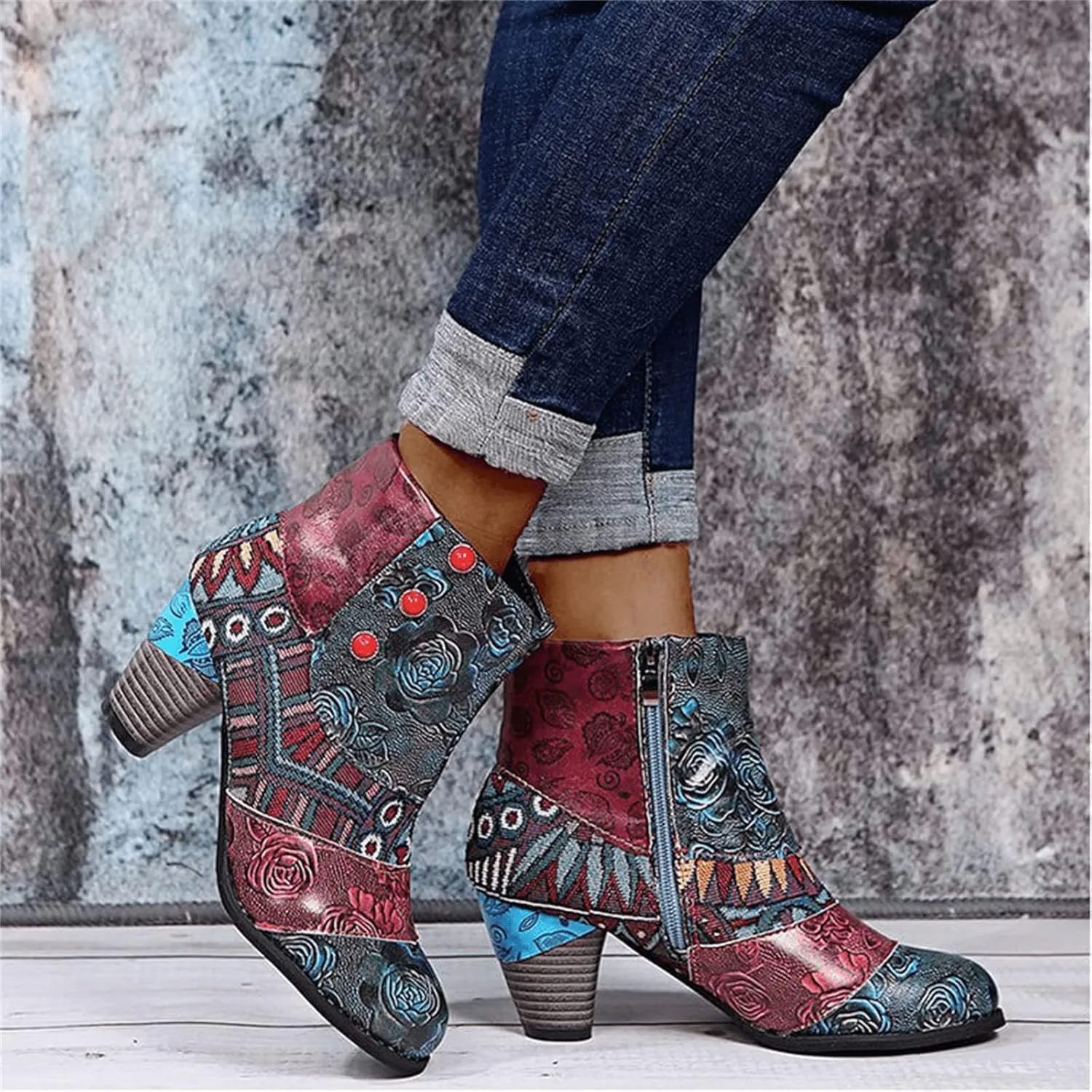 Lausiuoe Boots For Women Cowboy Style Ankle Booties Fashion Toe Stacked Mid Heel Short Boots Side Zipper Western Shoes
