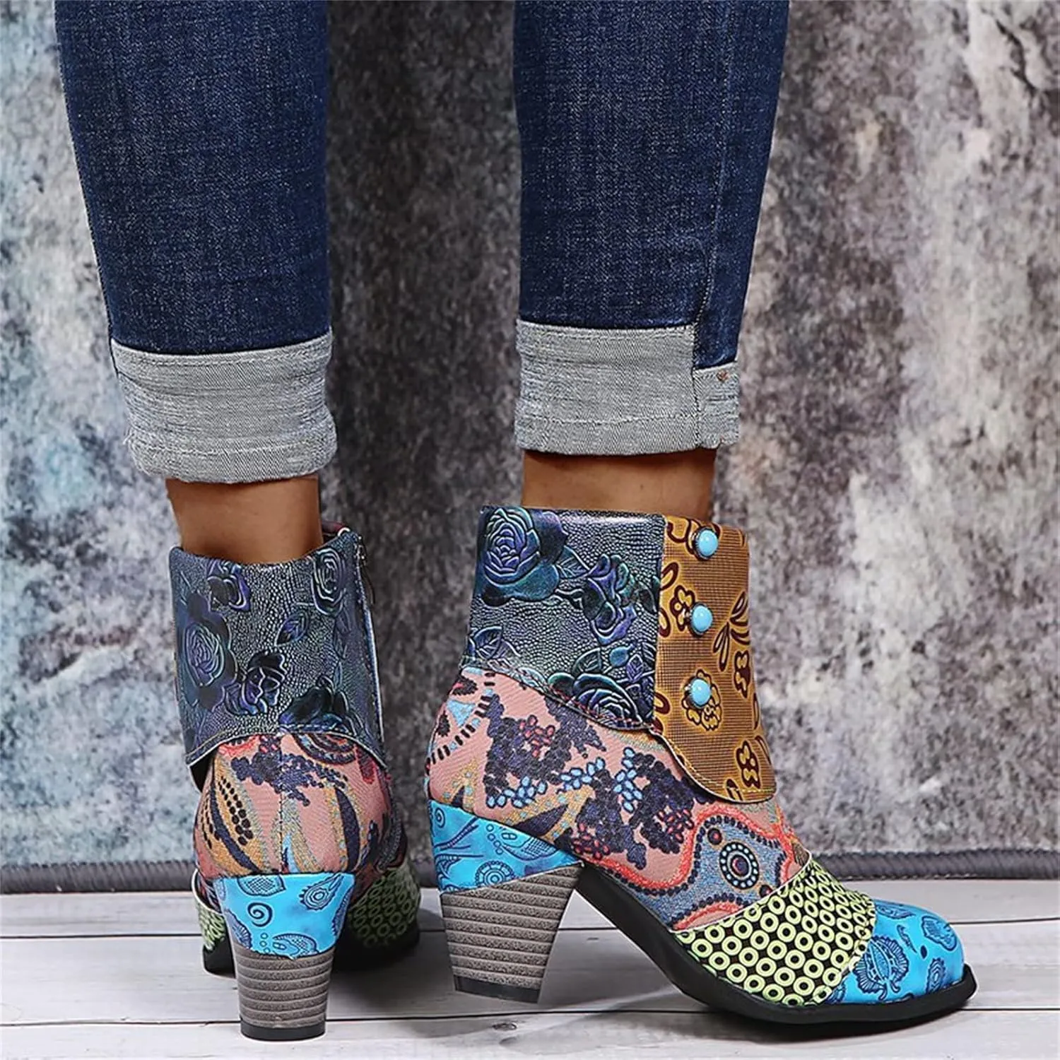 Lausiuoe Boots For Women Cowboy Style Ankle Booties Fashion Toe Stacked Mid Heel Short Boots Side Zipper Western Shoes