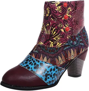 Lausiuoe Boots For Women Cowboy Style Ankle Booties Fashion Toe Stacked Mid Heel Short Boots Side Zipper Western Shoes