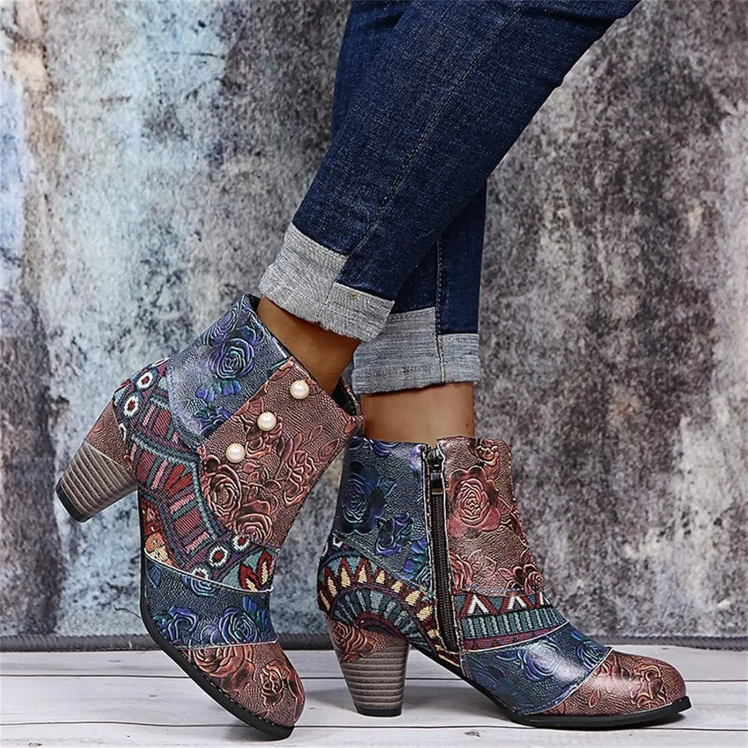 Lausiuoe Boots For Women Cowboy Style Ankle Booties Fashion Toe Stacked Mid Heel Short Boots Side Zipper Western Shoes
