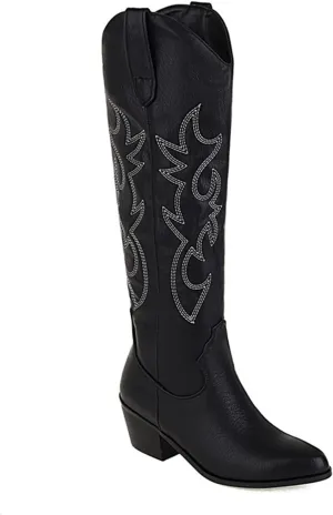 Lausiuoe Cowboy Boots For Women Knee High Wide Calf Western Cowgirl Boots Embroidered Pointed Toe Chunky Heel Boots
