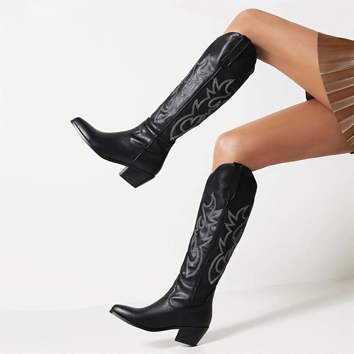 Lausiuoe Cowboy Boots For Women Knee High Wide Calf Western Cowgirl Boots Embroidered Pointed Toe Chunky Heel Boots