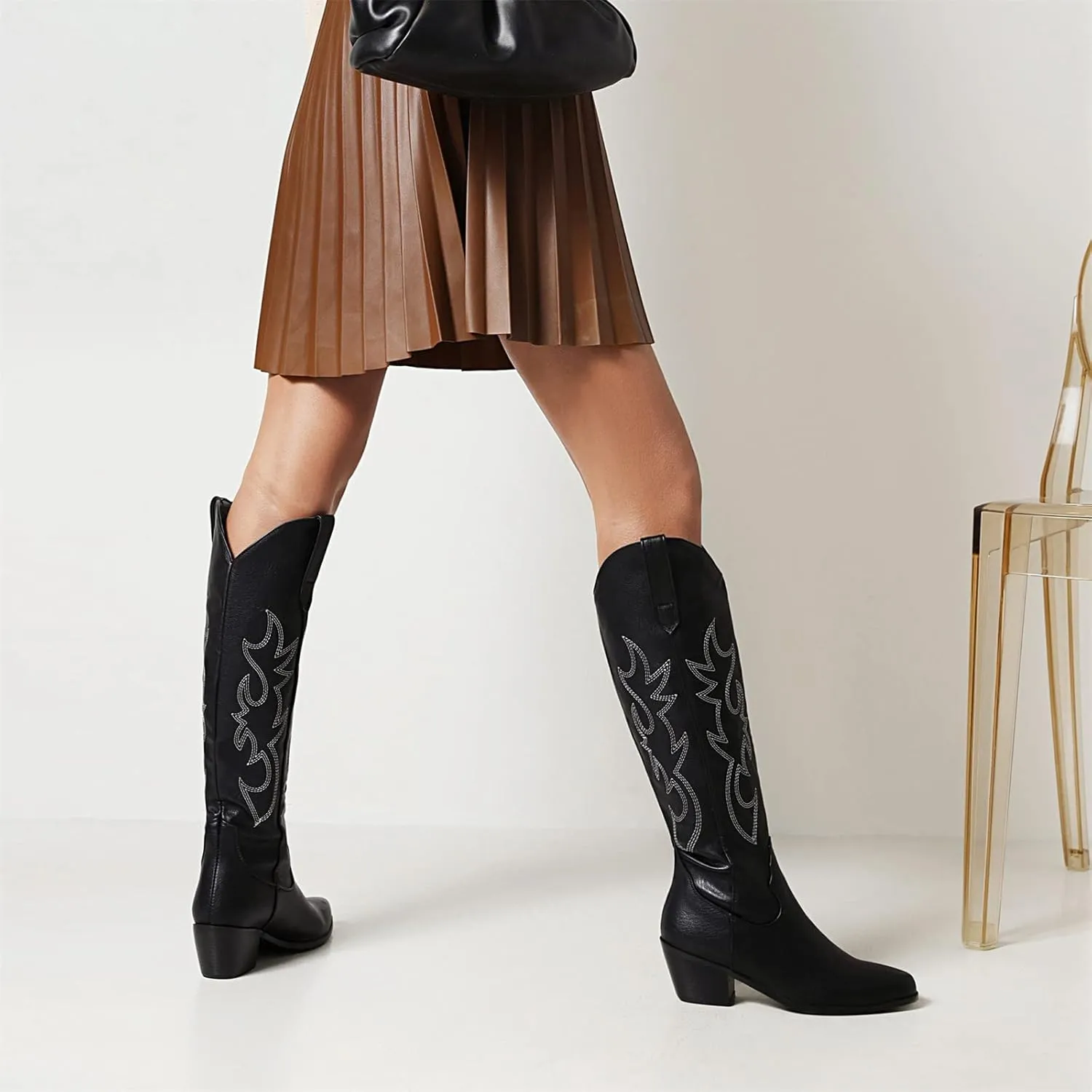 Lausiuoe Cowboy Boots For Women Knee High Wide Calf Western Cowgirl Boots Embroidered Pointed Toe Chunky Heel Boots