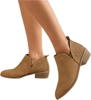 Lausiuoe Womens Boots Ankle Low Heel Chunky Block Cutout Booties Casual Dressy Wide Width Fashion Slip on Western Shoes