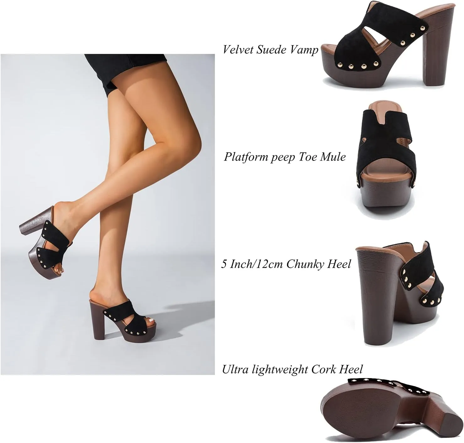 LEHOOR Women Platform Wedge Sandals Peep Toe Chunky Block High Heels Cork Mules Slip On Suede Platform Slide Sandal Backless Open Toe High Heel Summer Slides Mules Lightweight Dressy Casual 6-11 M US