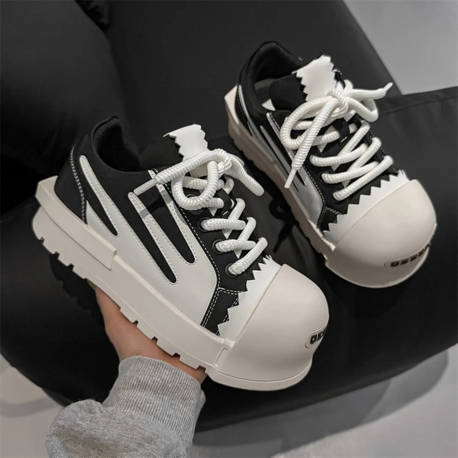 Men's Chunky Platform Sneakers - Geometric Contrast Design with Cushioned Comfort Thick Sole Casual Shoes for Everyday Urban Style (Black/White & Red/White)