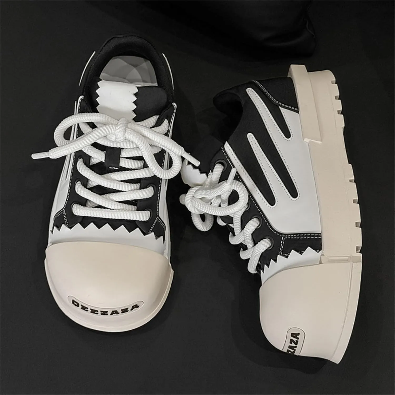 Men's Chunky Platform Sneakers - Geometric Contrast Design with Cushioned Comfort Thick Sole Casual Shoes for Everyday Urban Style (Black/White & Red/White)