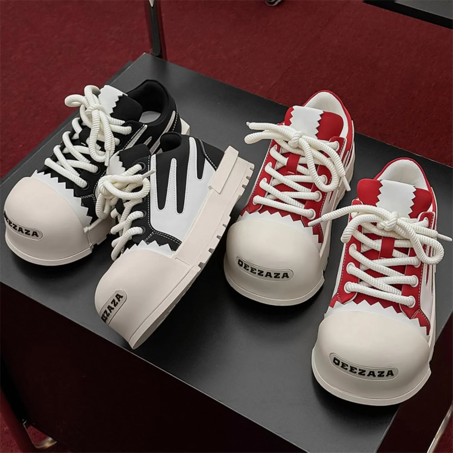 Men's Chunky Platform Sneakers - Geometric Contrast Design with Cushioned Comfort Thick Sole Casual Shoes for Everyday Urban Style (Black/White & Red/White)