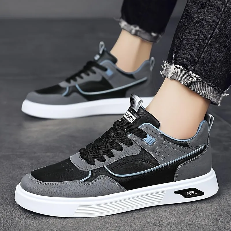 Men's Skateboarding Shoes Casual Lace-up Sneakers - Solid Color Low Top PU Trainers, All-Season Round Toe Footwear with Fabric Inner, for Everyday Wear