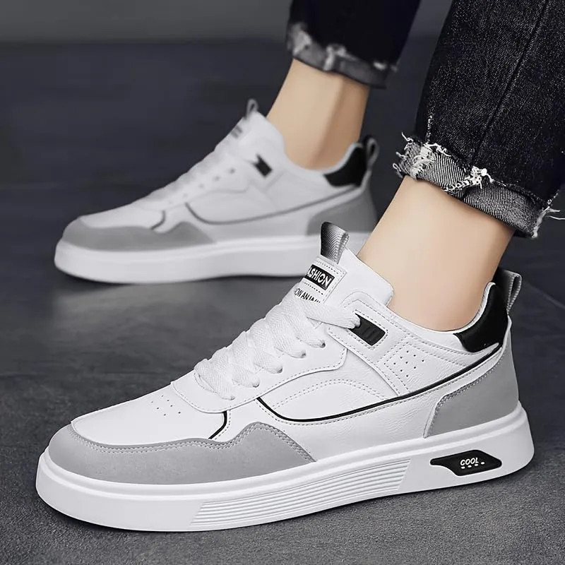 Men's Skateboarding Shoes Casual Lace-up Sneakers - Solid Color Low Top PU Trainers, All-Season Round Toe Footwear with Fabric Inner, for Everyday Wear