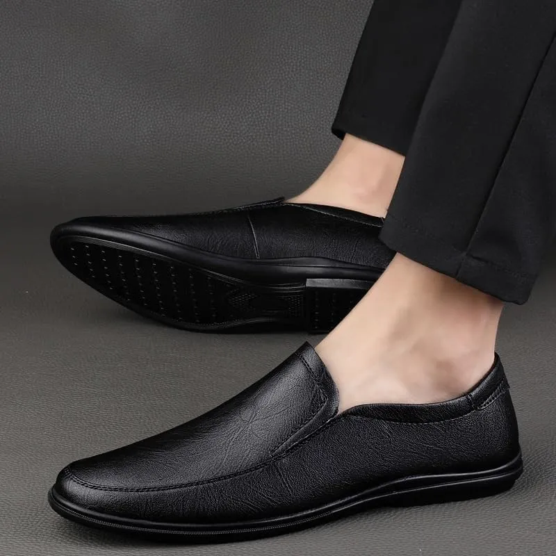 Men's Slip-On Genuine Leather Casual Shoes, Non-Slip Driving Flats, Trendy Low-Top Walking Oxford Dress Shoes for Business and Everyday Wear