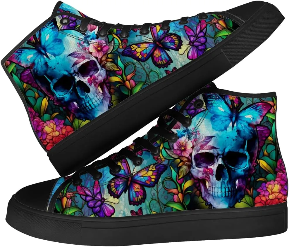 Men's Women's Skull High Top Canvas Shoes Butterfly High Top Sneakers Lace Up Casual Shoes Gifts for Men Women