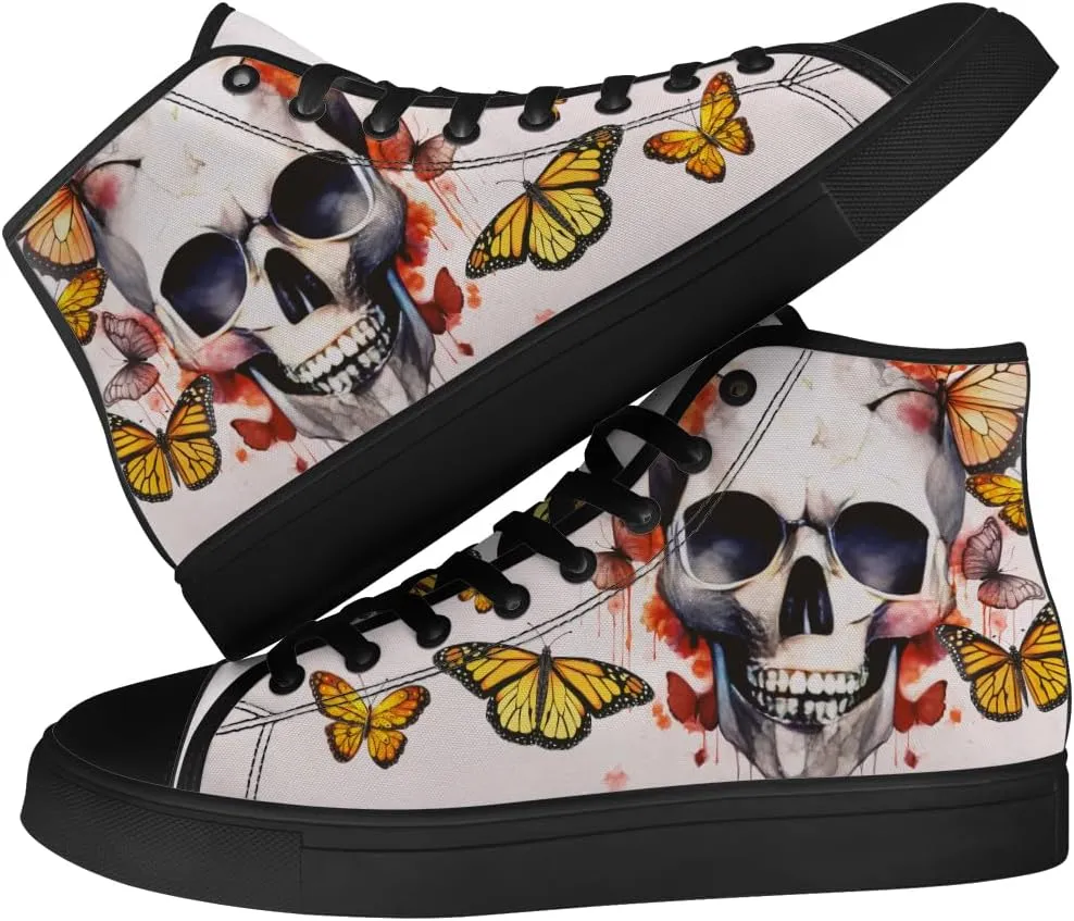 Men's Women's Skull High Top Canvas Shoes Butterfly High Top Sneakers Lace Up Casual Shoes Gifts for Men Women