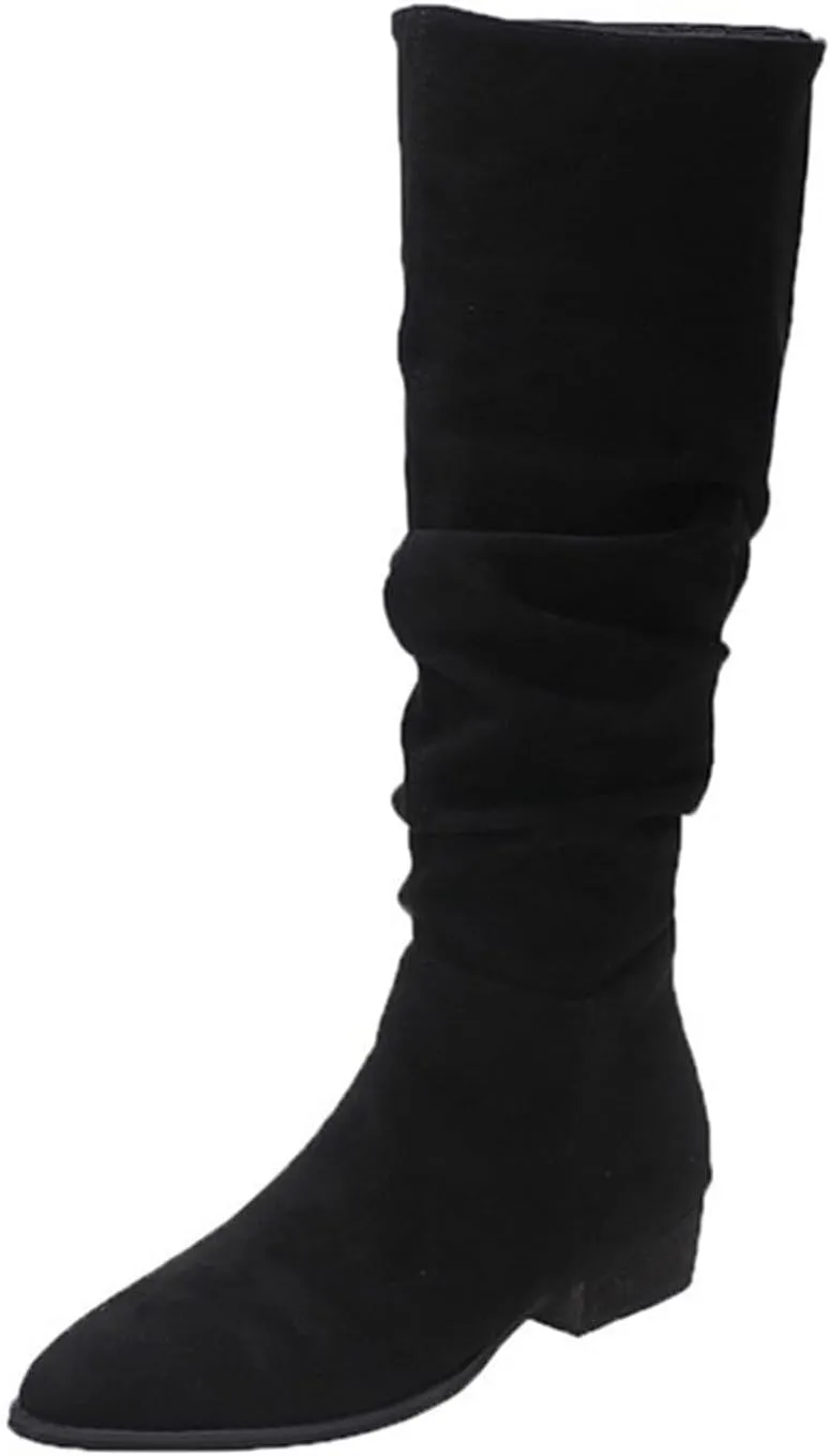 Mid Calf Boots for Women, Solid Color Pointed Toe Wide Calf Chunky Heels Pleated Knee High Boots Mid Calf Block Heel Boots