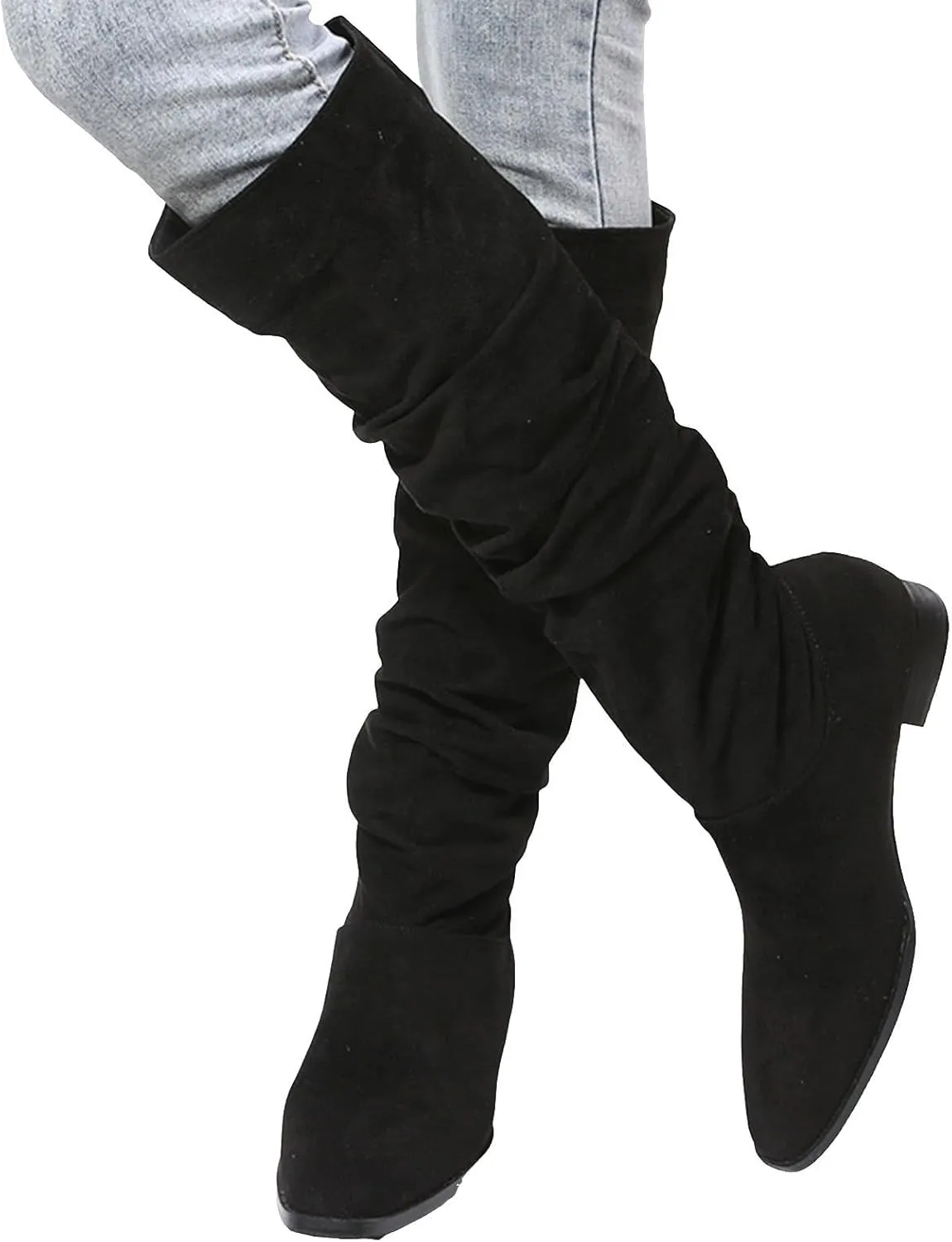 Mid Calf Boots for Women, Solid Color Pointed Toe Wide Calf Chunky Heels Pleated Knee High Boots Mid Calf Block Heel Boots