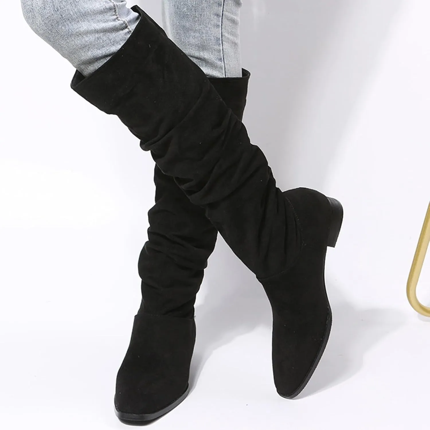 Mid Calf Boots for Women, Solid Color Pointed Toe Wide Calf Chunky Heels Pleated Knee High Boots Mid Calf Block Heel Boots