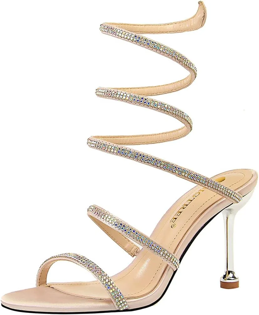 MissHeel Wrap Up Rhinestone Strappy High Heels Sandals 3inch/8cm