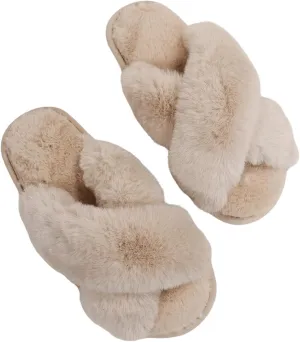 OYOANGLE Women's Cross Band Fuzzy Slippers Furry Open Toe Slip on House Shoes Soft Comfy Slide Slippers