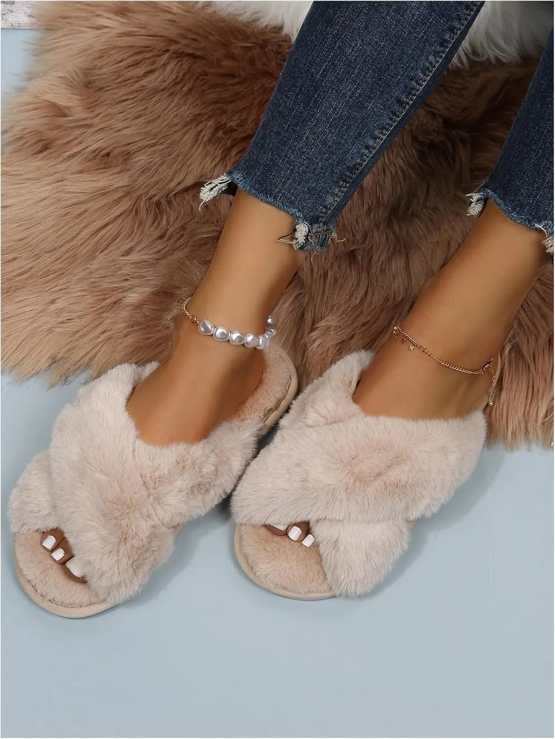 OYOANGLE Women's Cross Band Fuzzy Slippers Furry Open Toe Slip on House Shoes Soft Comfy Slide Slippers