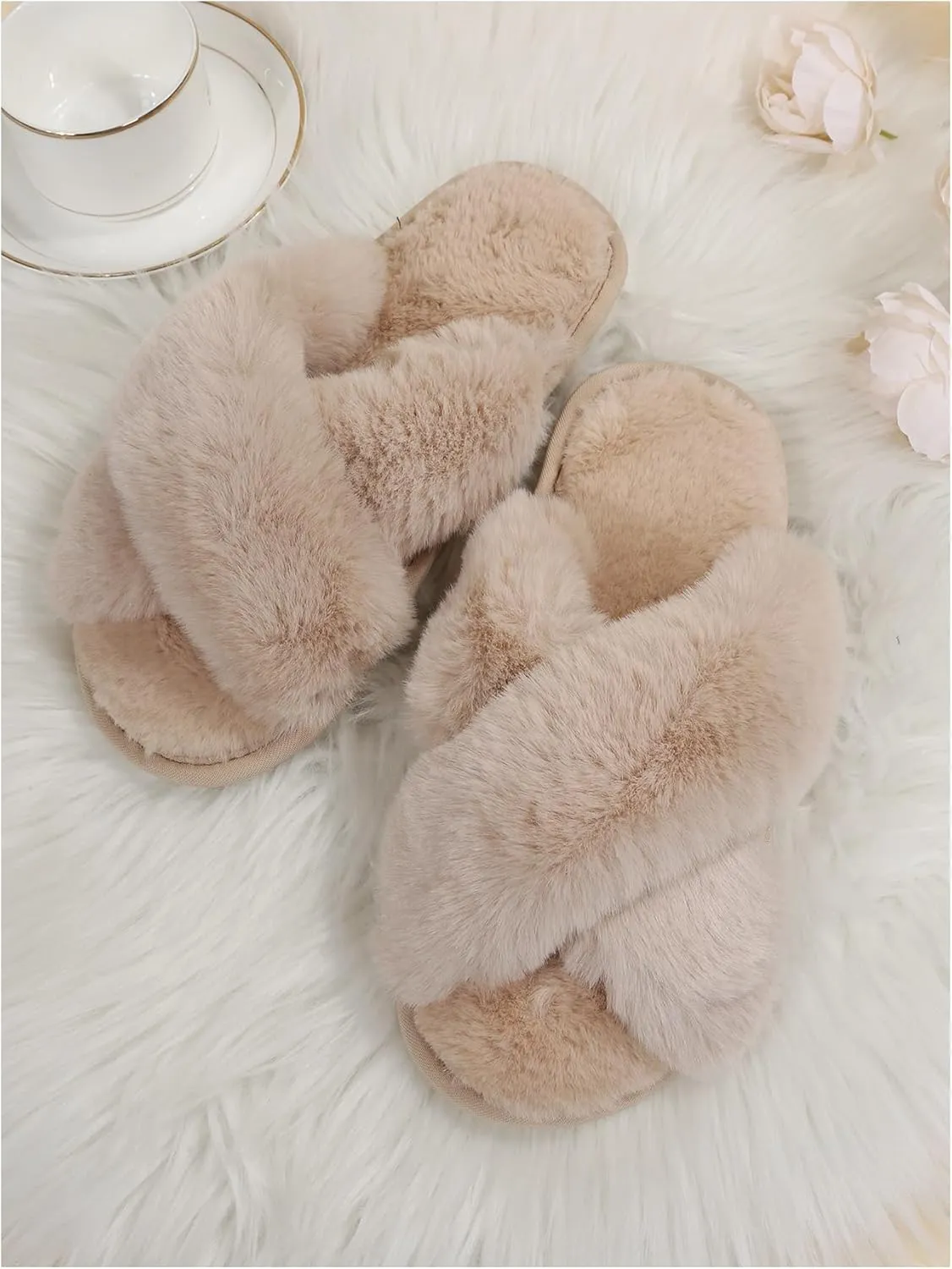 OYOANGLE Women's Cross Band Fuzzy Slippers Furry Open Toe Slip on House Shoes Soft Comfy Slide Slippers