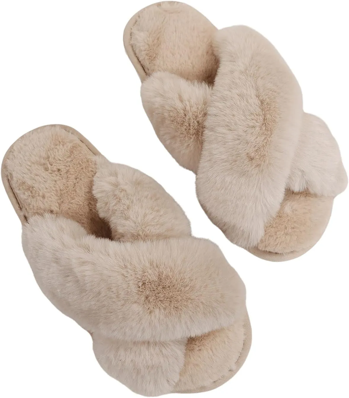 OYOANGLE Women's Cross Band Fuzzy Slippers Furry Open Toe Slip on House Shoes Soft Comfy Slide Slippers