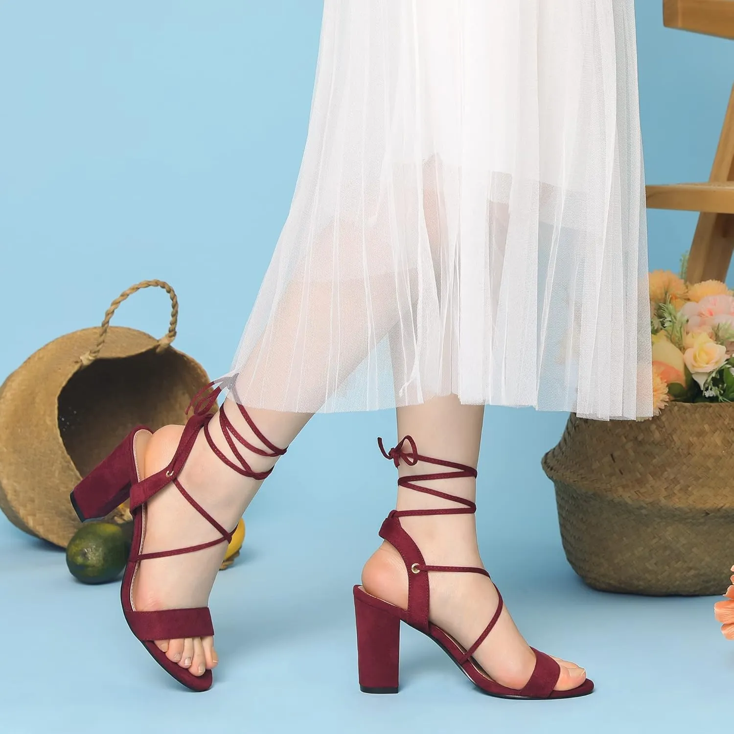 Perphy Lace Up Slingback Block High Heels Sandals for Women