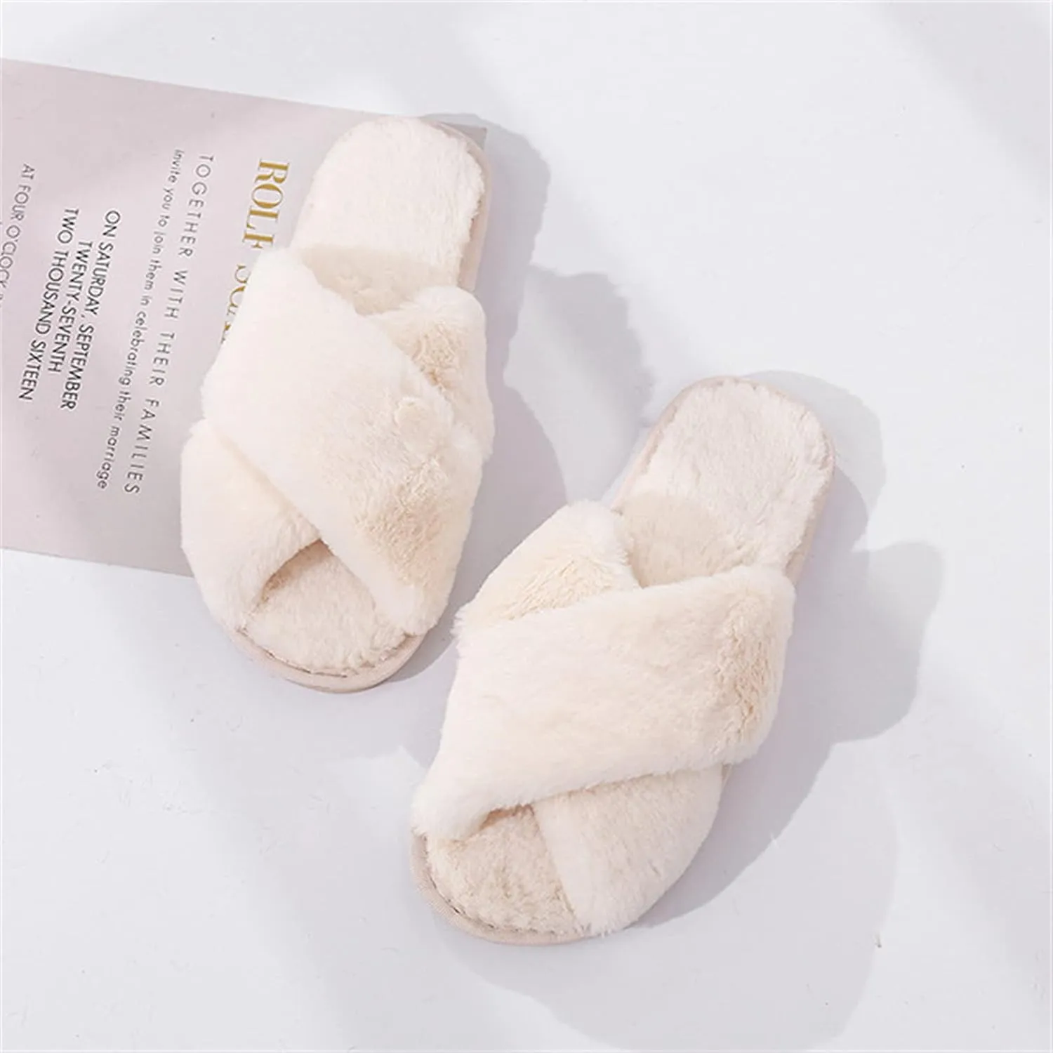 QMFUR Women's Cross Band Fuzzy Fluffy Furry Slippers Flip Flop Open Toe Cozy House Sandals Soft Flat Slides Plush Shoes Indoor Outdoor