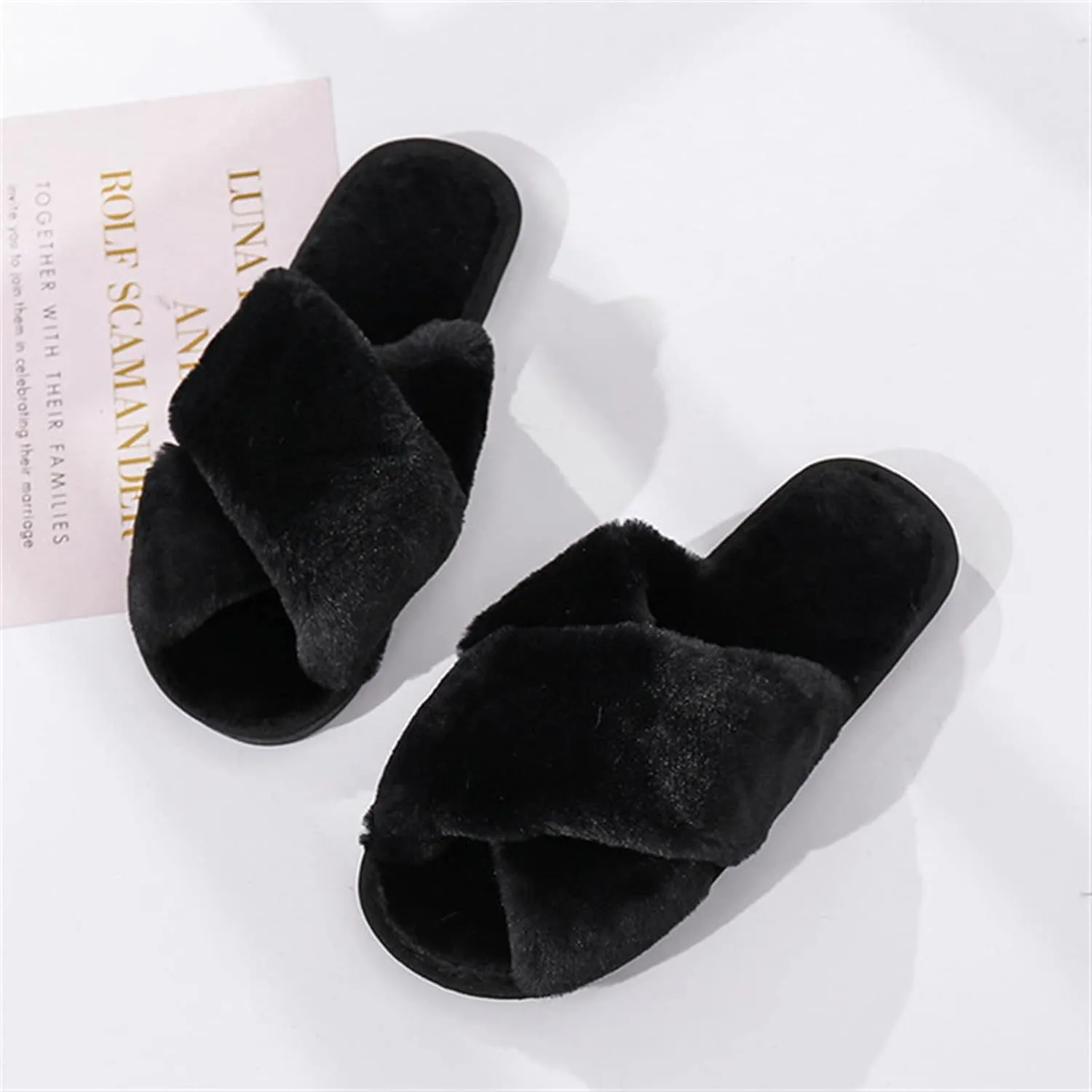 QMFUR Women's Cross Band Fuzzy Fluffy Furry Slippers Flip Flop Open Toe Cozy House Sandals Soft Flat Slides Plush Shoes Indoor Outdoor