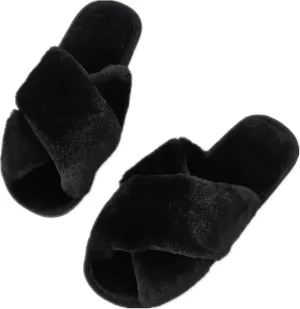 QMFUR Women's Cross Band Fuzzy Fluffy Furry Slippers Flip Flop Open Toe Cozy House Sandals Soft Flat Slides Plush Shoes Indoor Outdoor