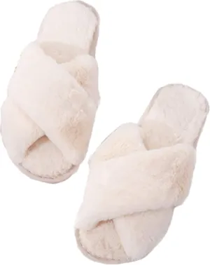 QMFUR Women's Cross Band Fuzzy Fluffy Furry Slippers Flip Flop Open Toe Cozy House Sandals Soft Flat Slides Plush Shoes Indoor Outdoor