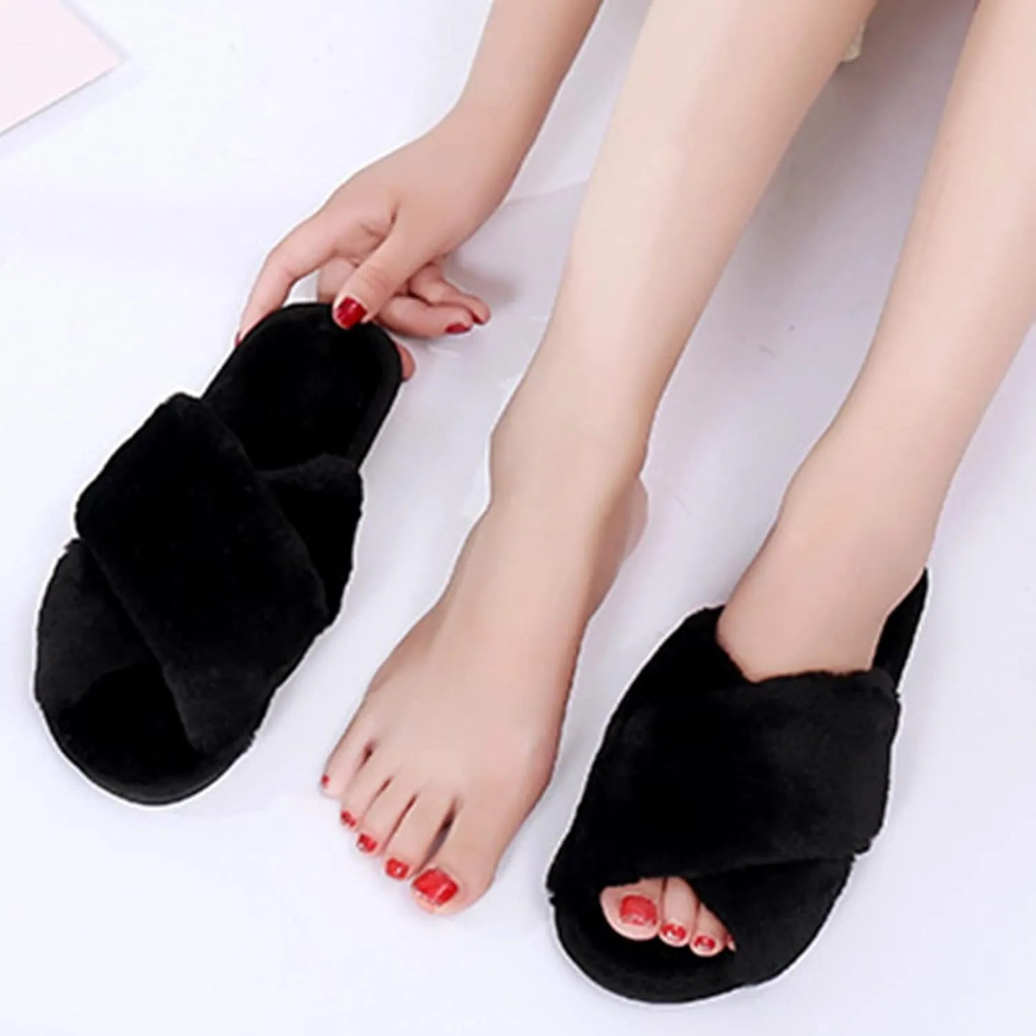 QMFUR Women's Cross Band Fuzzy Fluffy Furry Slippers Flip Flop Open Toe Cozy House Sandals Soft Flat Slides Plush Shoes Indoor Outdoor