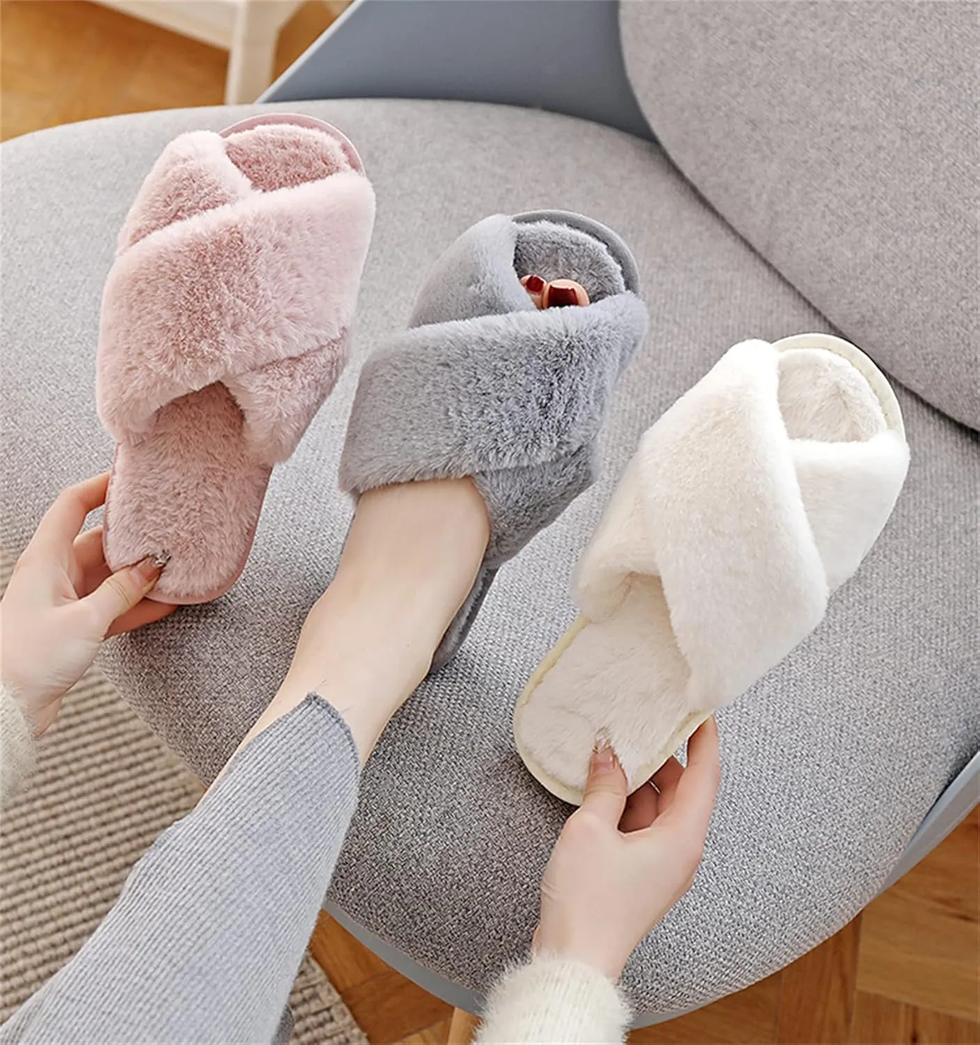 QMFUR Women's Cross Band Fuzzy Fluffy Furry Slippers Flip Flop Open Toe Cozy House Sandals Soft Flat Slides Plush Shoes Indoor Outdoor