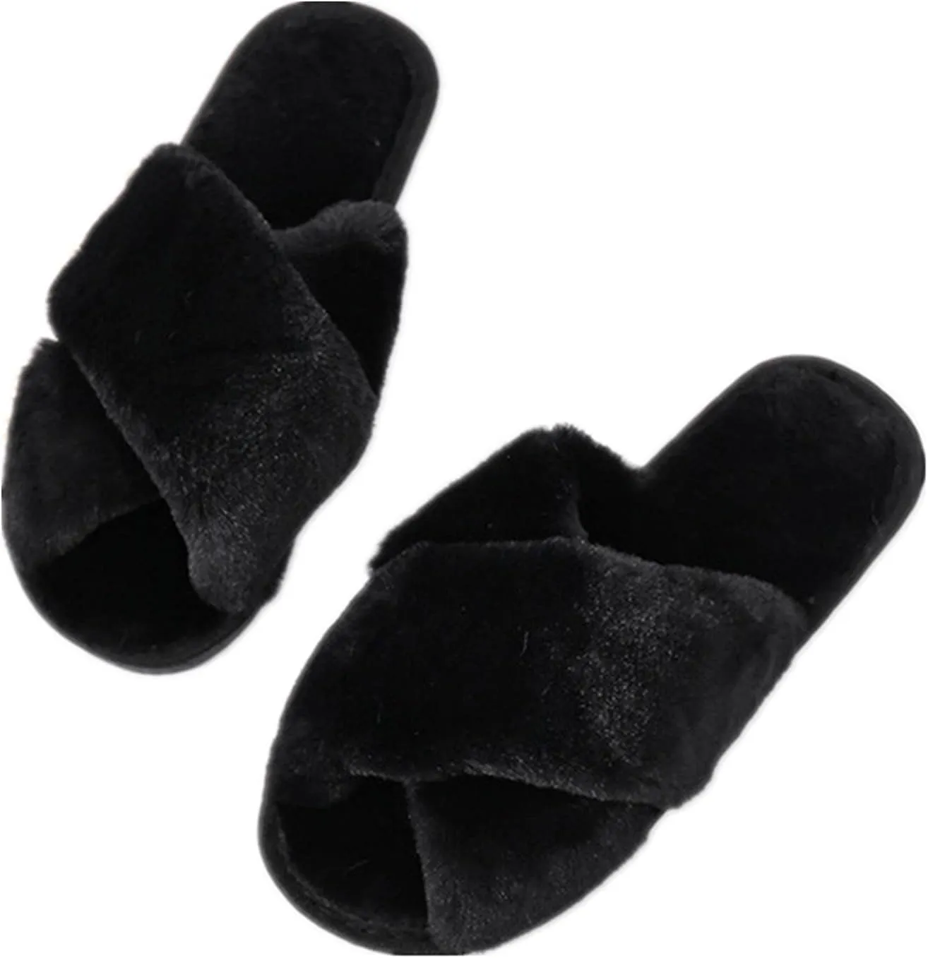 QMFUR Women's Cross Band Fuzzy Fluffy Furry Slippers Flip Flop Open Toe Cozy House Sandals Soft Flat Slides Plush Shoes Indoor Outdoor