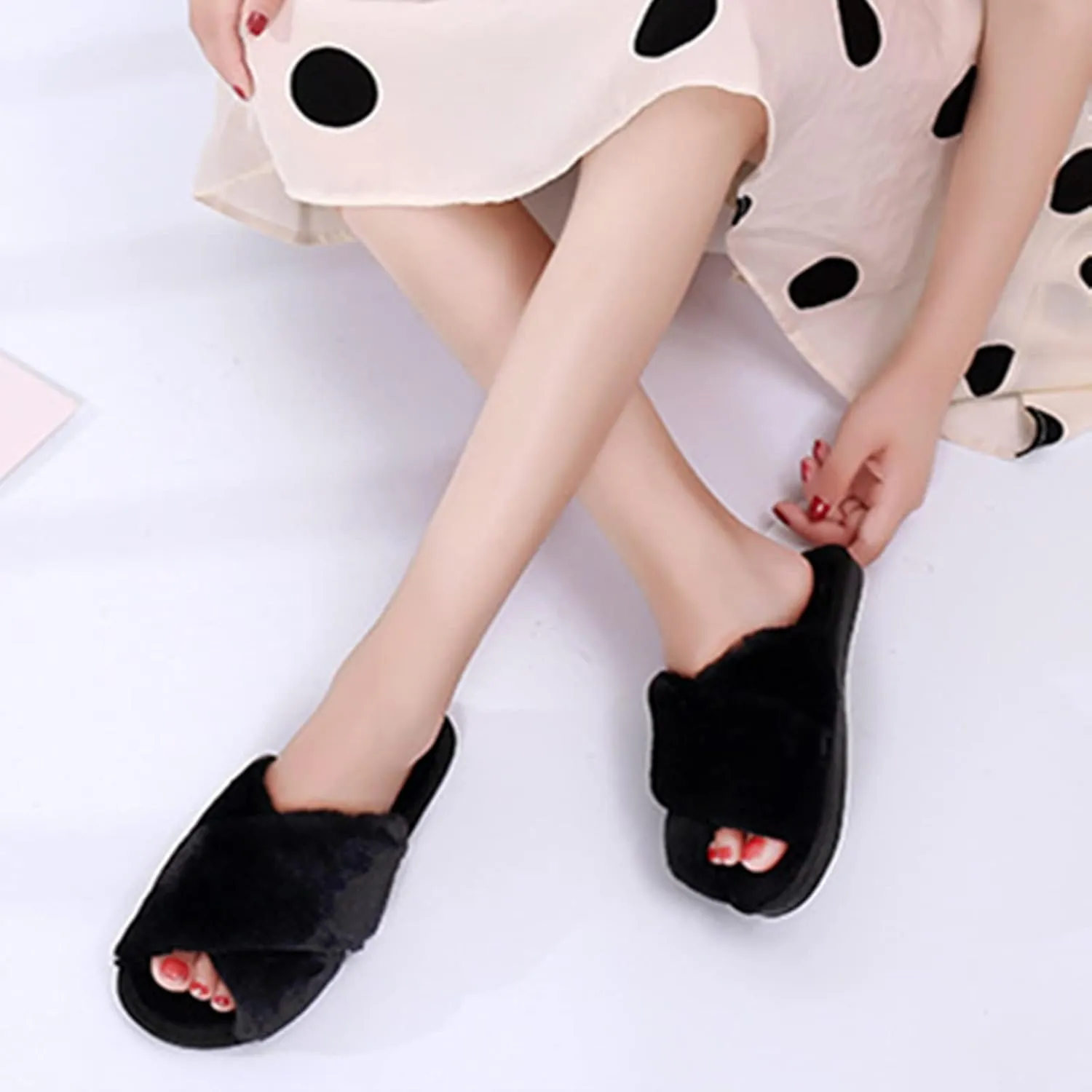 QMFUR Women's Cross Band Fuzzy Fluffy Furry Slippers Flip Flop Open Toe Cozy House Sandals Soft Flat Slides Plush Shoes Indoor Outdoor