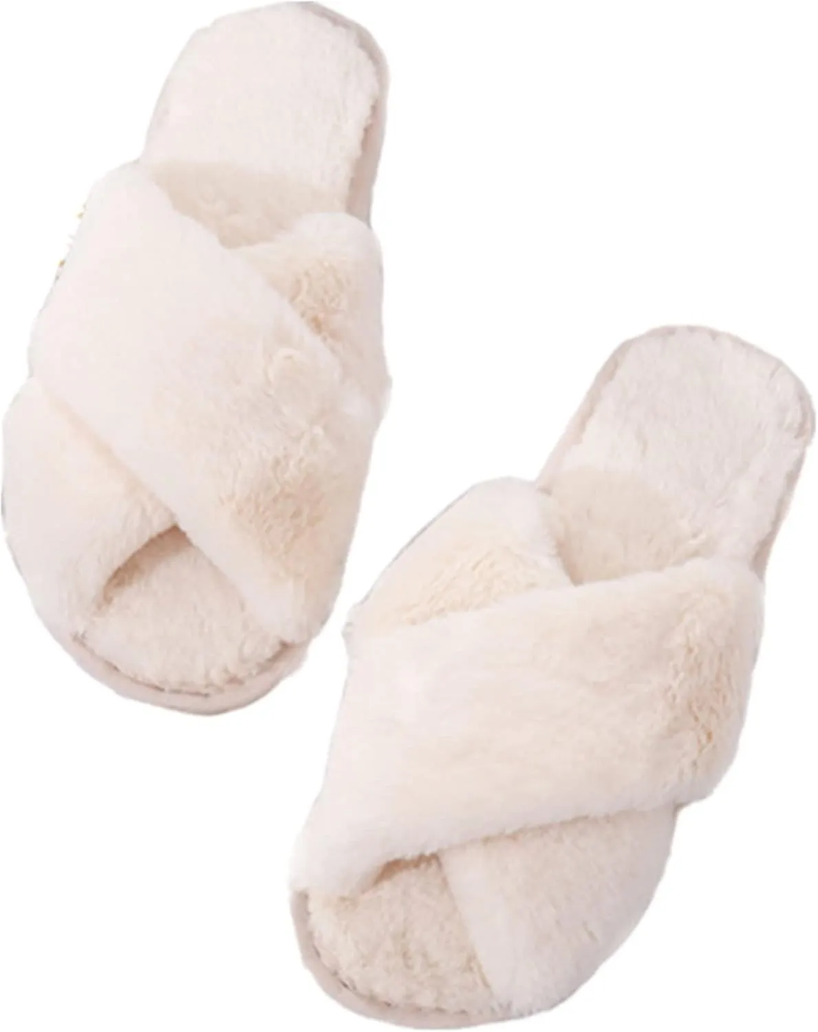 QMFUR Women's Cross Band Fuzzy Fluffy Furry Slippers Flip Flop Open Toe Cozy House Sandals Soft Flat Slides Plush Shoes Indoor Outdoor