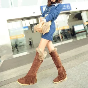 SACFOF Women's Winter Knee High Snow Boots Fashion Buckle Fringe Thigh High Flat Boots Warm Fur Wide Calf Snow Boot