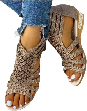 Sandals for Women Casual Summer Platform Sandals for Women Chunky Heel Flat Sandals for Women Ankle Flip Flops Thong Strappy Vintage Flats Hollow Summer Spring Slip On Fashion Ladies Beach Shoes