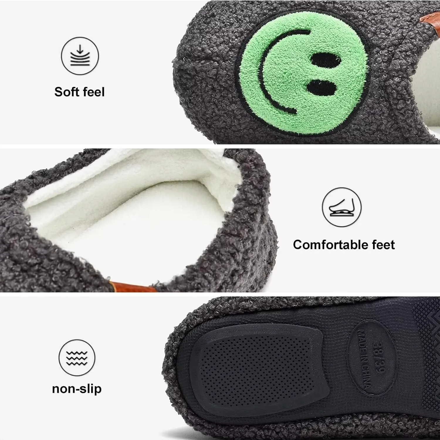 Smile Face Slippers Women's Memory Foam Soft Plush & Cozy House Shoes
