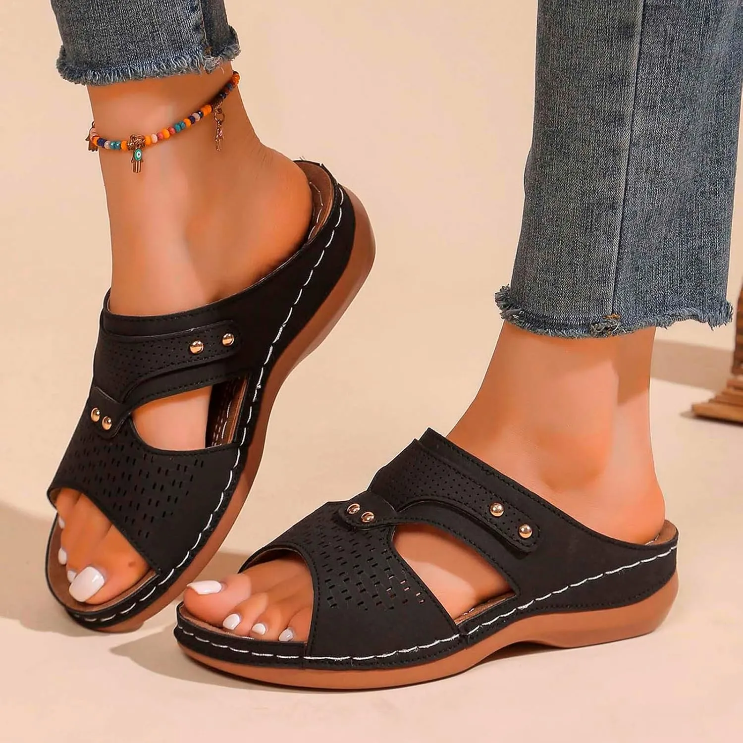 Summer Solid Slip On Casual Open Toe Wedges Comfortable Beach Shoes Sandals Slippers Lady Memory Foam Flip Flop