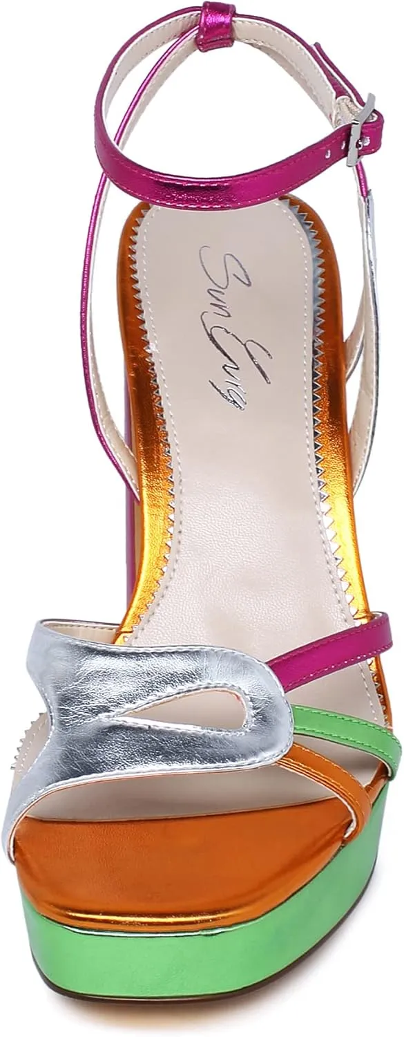 sun gurg Strappy Platform Heels for Women Square Open Toe Chunky High Heels Multicolored Ankle Strap Block Heeled Sandals for Prom Wedding Date Night