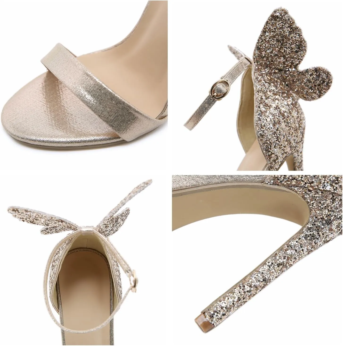 Trendenzy Womens Butterfly High Heels Metallic Sandals Open Toe Ankle Strap Stiletto Pumps Sparkly Wedding Party Summer Shoes