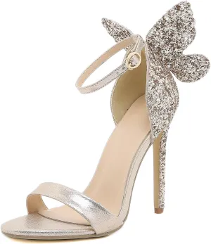 Trendenzy Womens Butterfly High Heels Metallic Sandals Open Toe Ankle Strap Stiletto Pumps Sparkly Wedding Party Summer Shoes